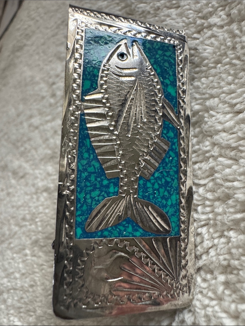 Handcrafted Sterling Silver Money Clip with Fish Accent and Turquoise Inlay.